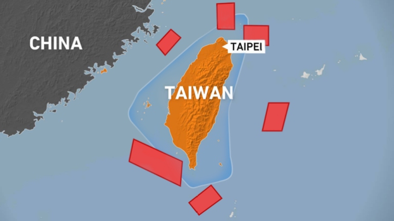 Mapa que muestra Taiwán, China continental y lugares donde China realizará ejercicios militares hasta el domingo