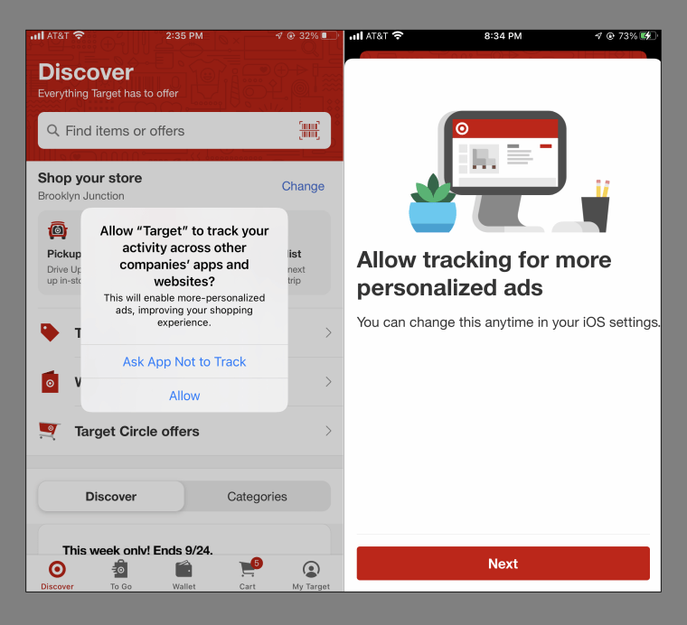 Mensajes en la aplicación Target que alientan a los usuarios a permitir el seguimiento.