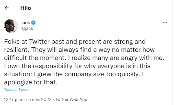 Jack Dorsey tweet sobre despidos en Twitter