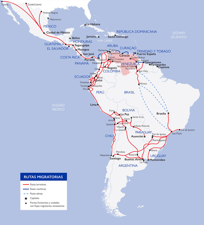 Este mapa presenta una descripción general de las rutas migratorias en América del Sur y se presenta solo con fines ilustrativos.  Los límites y nombres que se muestran y las designaciones utilizadas en este mapa no implican aprobación o aceptación oficial por parte de...