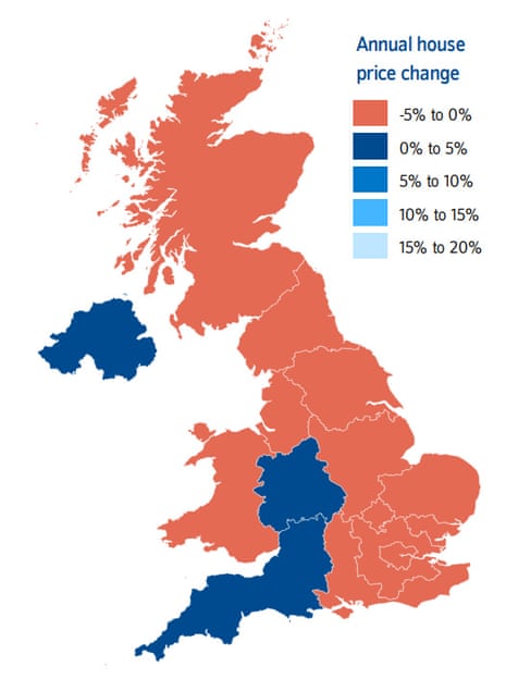 Un mapa que muestra los cambios en los precios anuales de la vivienda en el Reino Unido