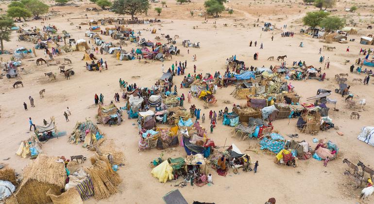 Refugiados sudaneses recién llegados a Chad se instalan en un campamento temporal.