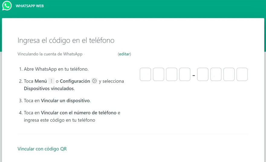 La nueva pantalla para vincular WhatsApp Web sin código QR.