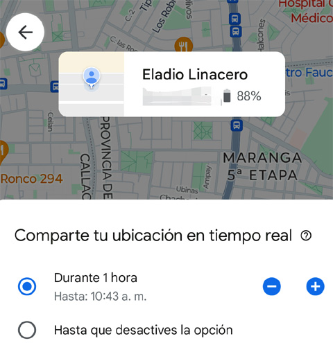 En Google Maps puedes definir el tiempo para compartir la ubicación.