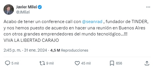 El tweet de Javier Milei sobre su conversación con Sean Rad