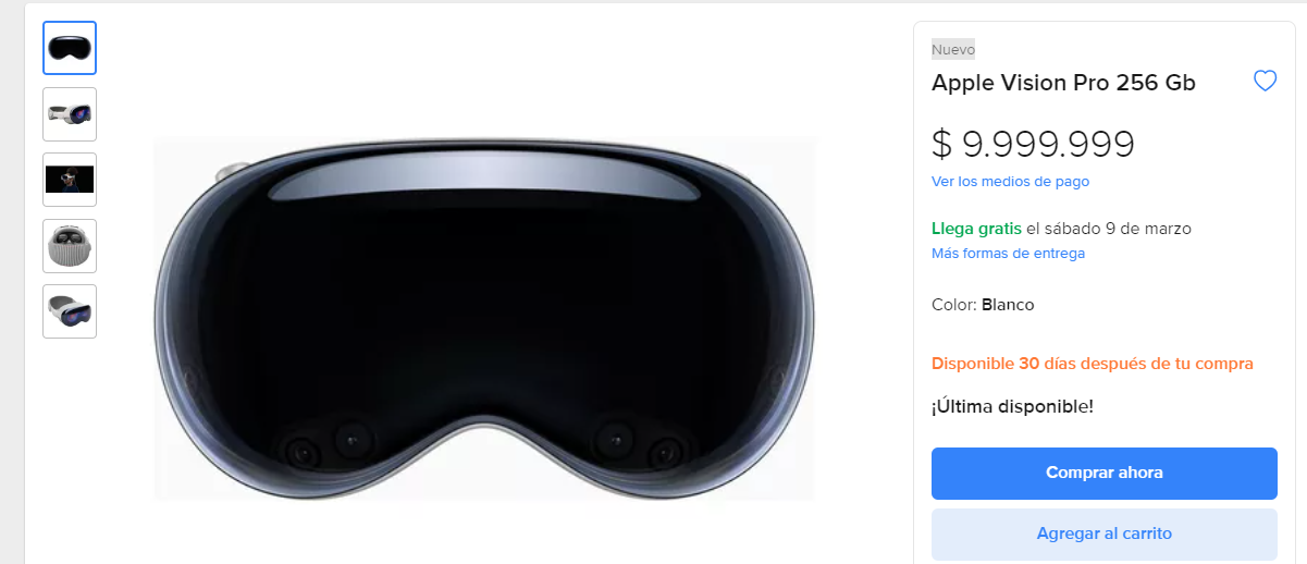 Las gafas de realidad virtual Apple Vision Pro en una publicación de Mercado Libre