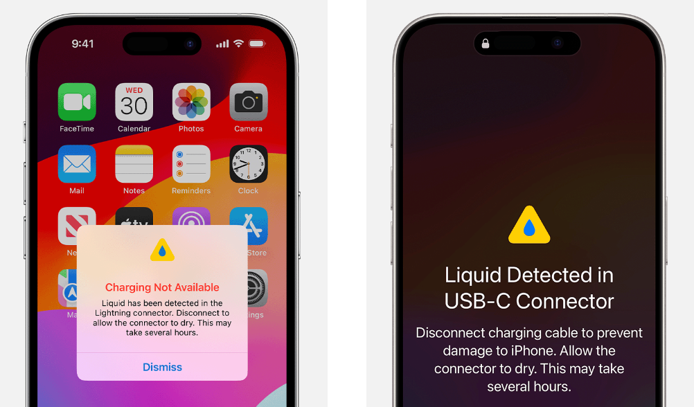 Los avisos que puede mostrar el iPhone si detecta líquido en el dispositivo.